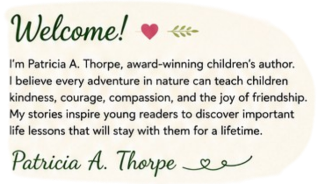 Welcome! I'm Patricia A. Thorpe, award-winning children's author. I believe every adventure in nature can teach children kindness, courage, compassion, and the joy of friendship. My stories inspire young readers to discover important life lessons that will stay with them for a lifetime. — Patricia A. Thorpe